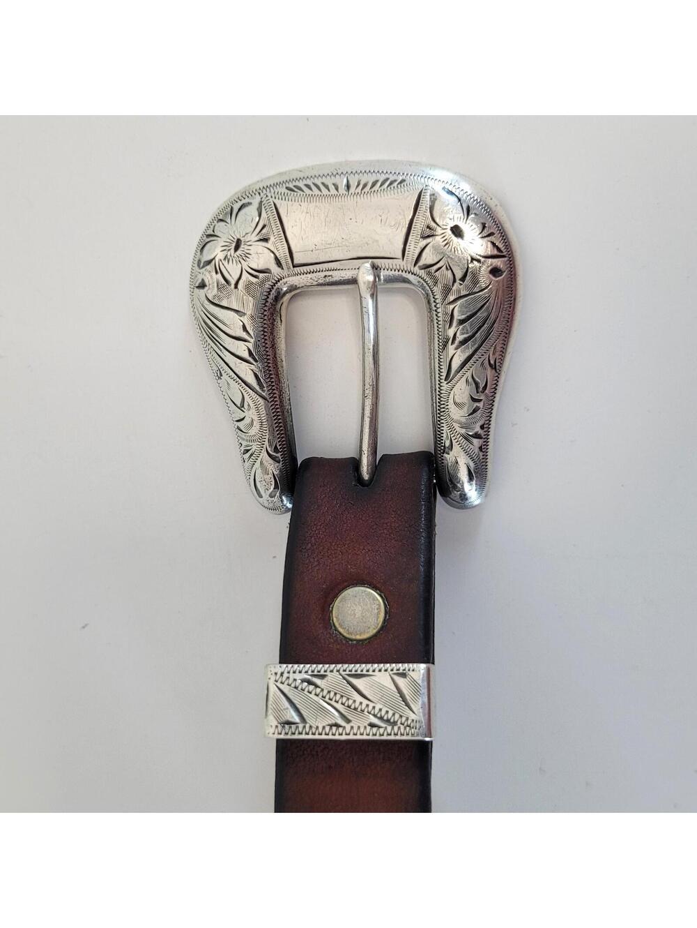 Sterling Silver Buckle Brown Leather Belt Mexican / Western Engraved 32" Waist